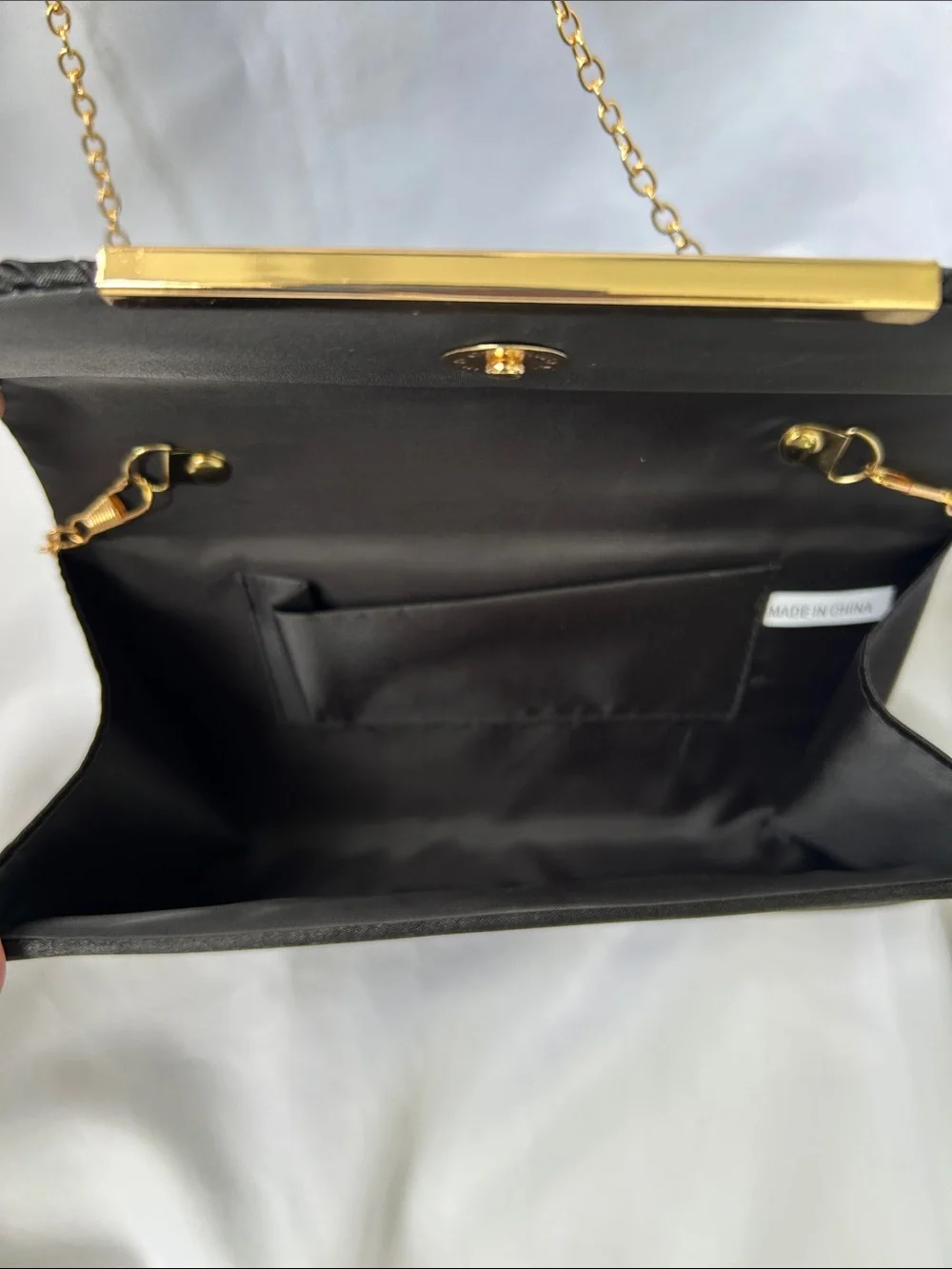 Black Pleated Evening Clutch with Gold Chain